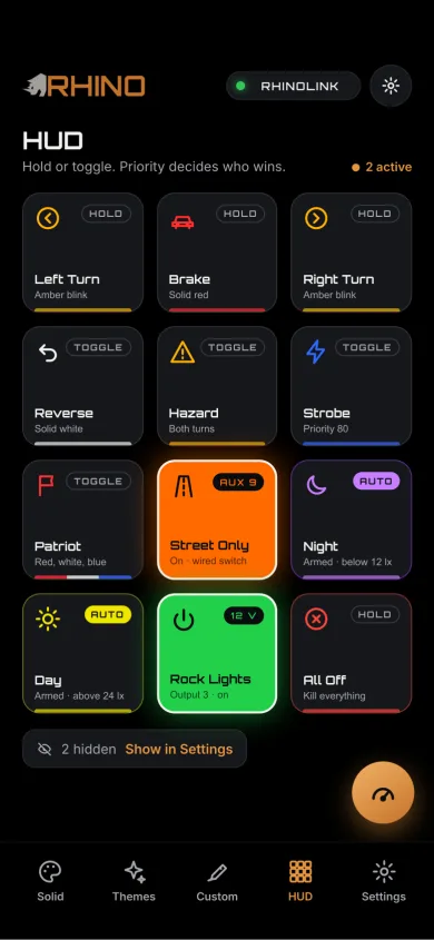 The RhinoLED app HUD, with buttons for turn signals, brake, reverse, hazard and strobe