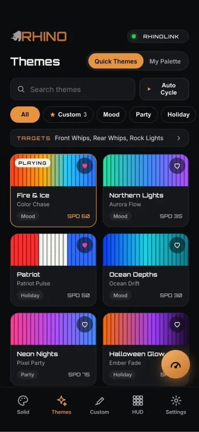 The Themes tab: a grid of ready-made looks, each with a preview of its colors